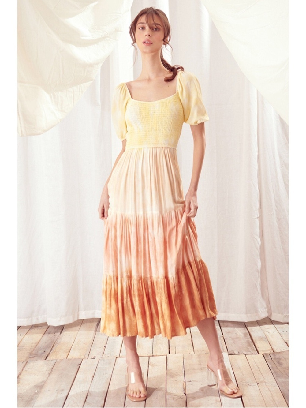 Storia Smocked Puff Sleeve Midi Dress Ombre Peach Pink Cream Boho 25268